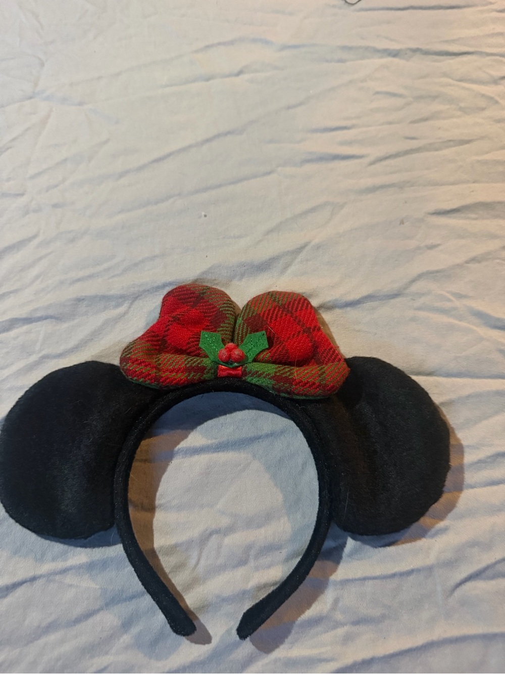 Disney Black Minnie Ear Headband with Red Plaid Bow and Green Holly Accent